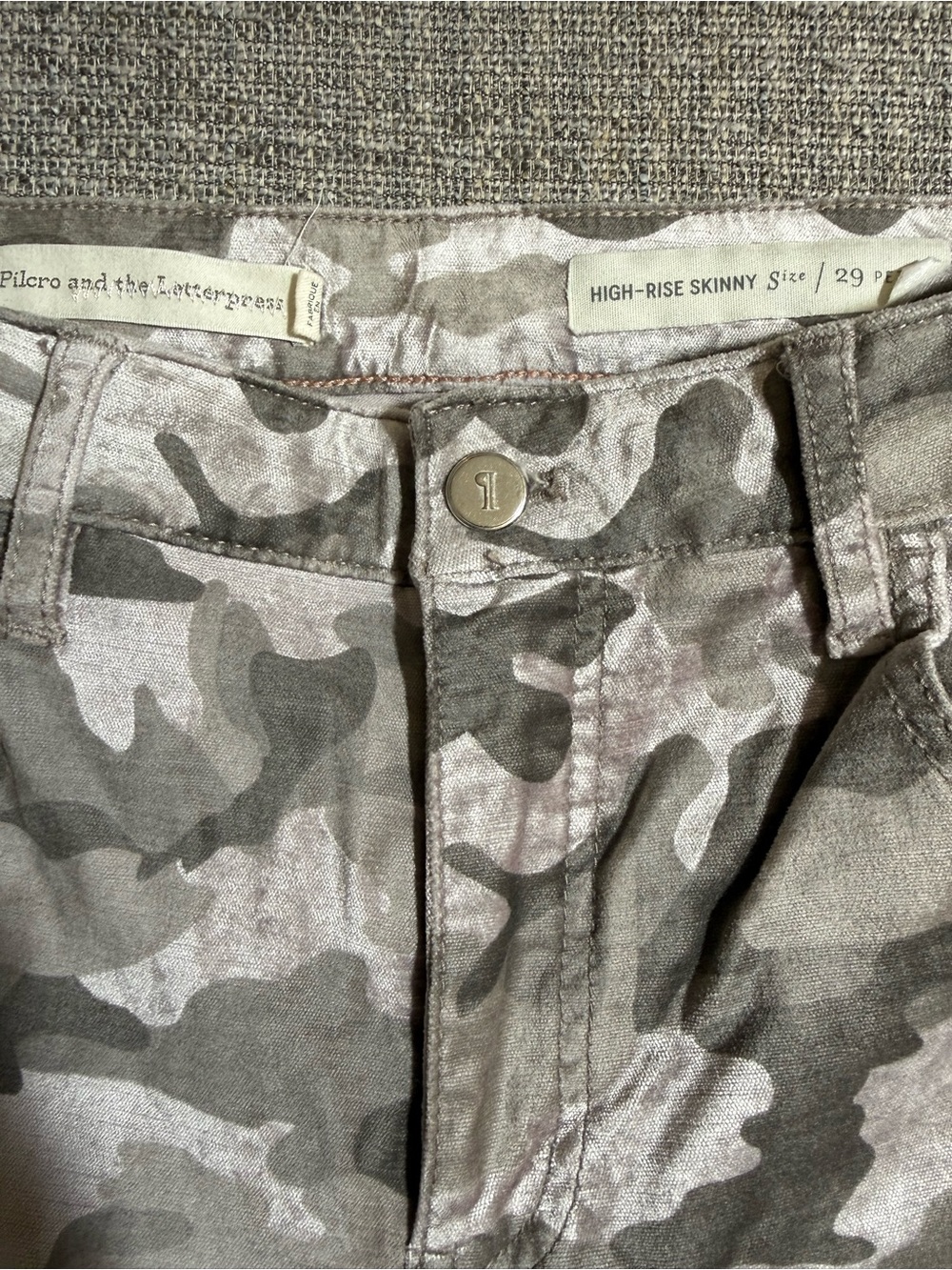 Pilcro and the Letterpress Gray Camo High-Rise Skinny Jeans